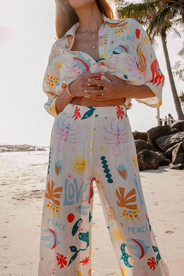 Abstract Sea Creature Print Button Pockets Elastic Waist Pant Suit