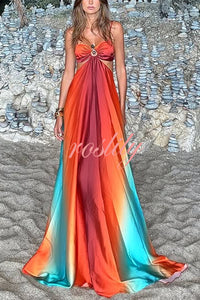 Neon Sunset Printed Metal Decoration Cutout Back Tie-up Vacation Maxi Dress