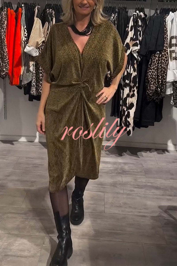 Solid Color Glossy V-neck Short-sleeved Loose Midi Dress