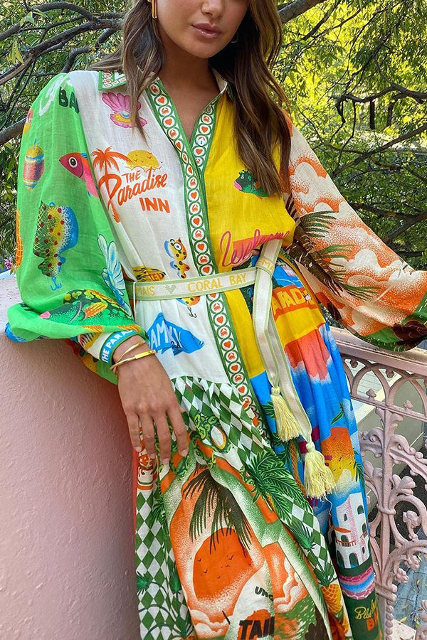 A World of Colour Unique Print Balloon Sleeve Belt Shirt Midi Dress