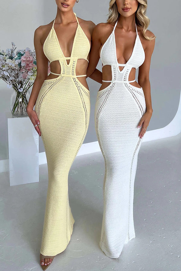 Effortlessly Cool and Sexy Knit Crochet Cutout Halter Tie-up Stretch Maxi Dress