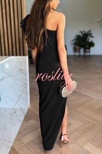 Saona One Shoulder Tiered Ruffle Sleeve Twist Asymmetrical Slit Gown Maxi Dress