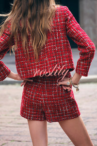 Tweed Plaid Textured Long-sleeved Casual Pocket Jacket