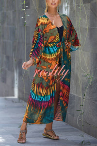 Unique Print Loose Lace Up Holiday Maxi Cover Up