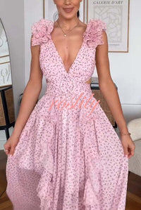 Wedding Dreams Chiffon Printed Flutter Sleeve Cutout Back Lace-up Maxi Dress