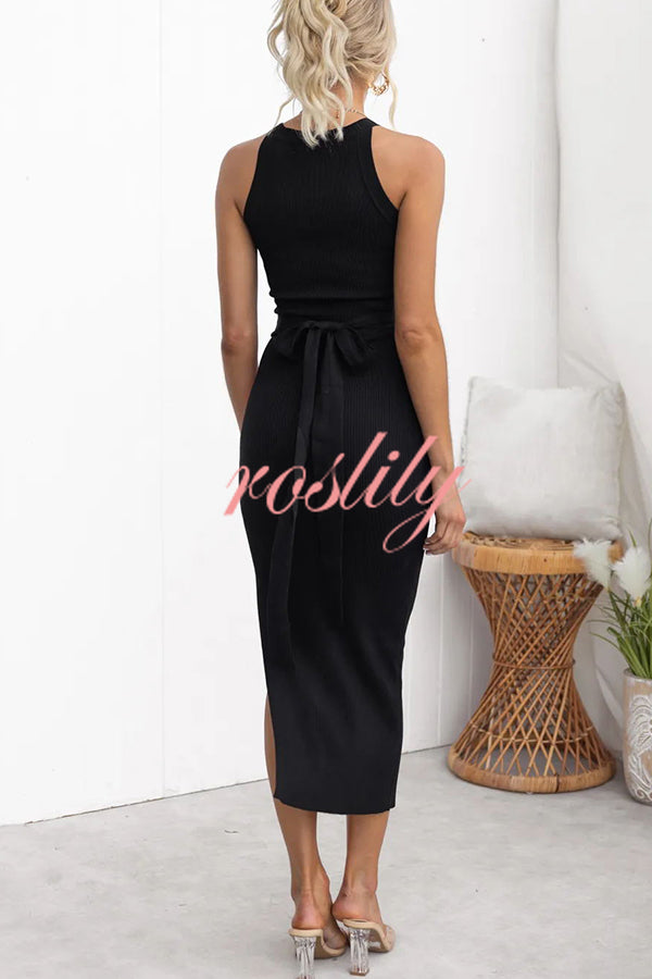 Serene Ribbed Knit Colorblock Back Tie-up Slit Stretch Midi Dress