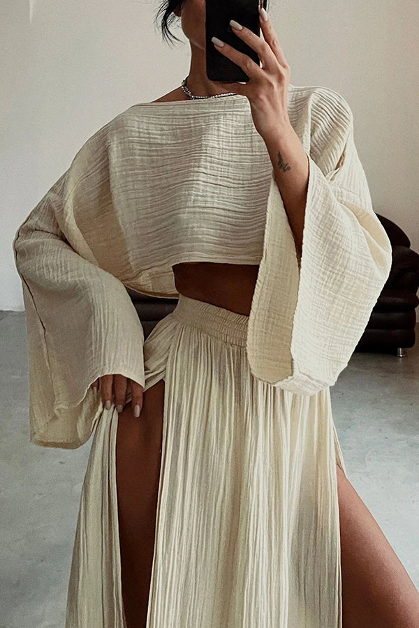 Boho Beach Linen Blend Wide Sleeve Blouse and Elastic Waist Double Slit Skirt Set