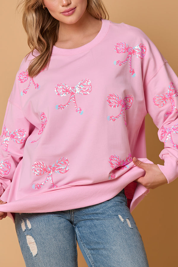 Christmas Bow Sequin Casual Loose Long-sleeved Sweatshirt