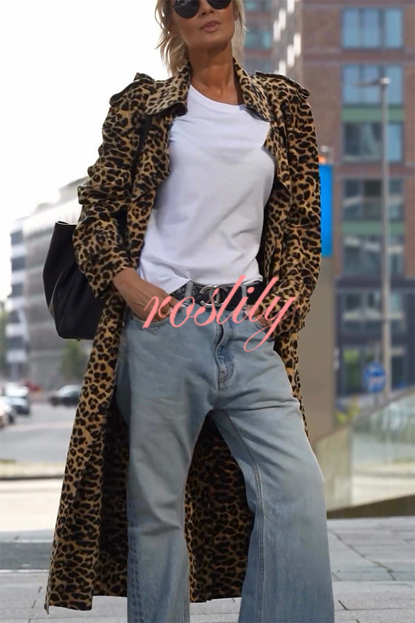 Be Free Velvet Leopard Print Long Sleeve Loose Midi Trench Coat