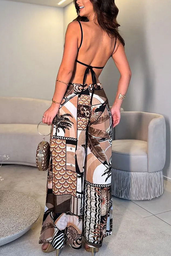 Tulum Dreaming Strap Cross Design Patchwork Printed Elastic Waist Backless Jumpsuit