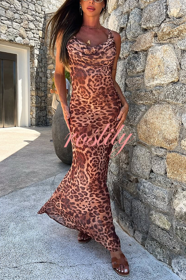 Leopard Print Sexy Strap Holiday Cover Up Maxi Dress