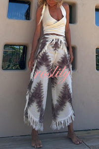 Katy Linen Blend Tie-dye Wrap Tie-up Tassel Trim Pants