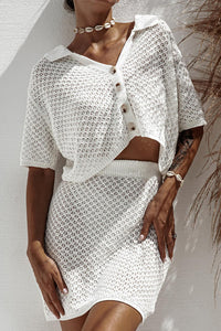 Solid Color Hollow Short Sleeve Knit Top and Elastic Waist Casual Mini Skirt Set