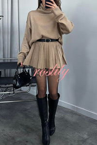 Solid Color Casual Preppy Knit Top and Knit Stretch Pleated Mini Skirt Set