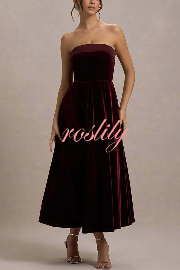 Center of Attention Velvet Satin Neck Bandeau Pleated Midi Dress