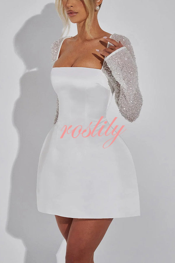 Like A Doll Sequin Long Sleeve Satin Pocketed Bubble Shape Mini Dress