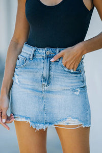 Ripped Frayed Pocket Denim Skirt