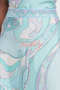 Satin Unique Print Halter Top and Irregular Midi Skirt Set