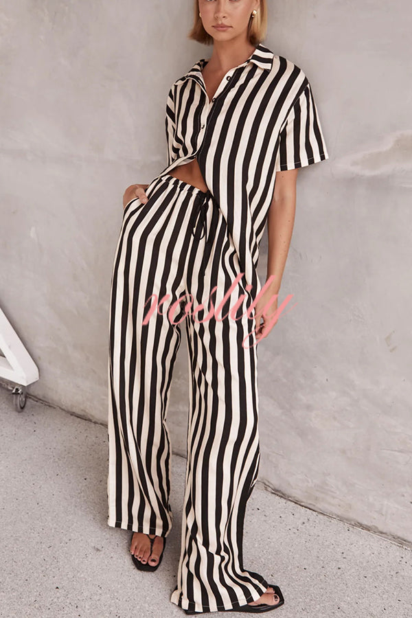 Erika Striped Casual Shirt and Elastic Waist Pocket Wide Leg Pants Set