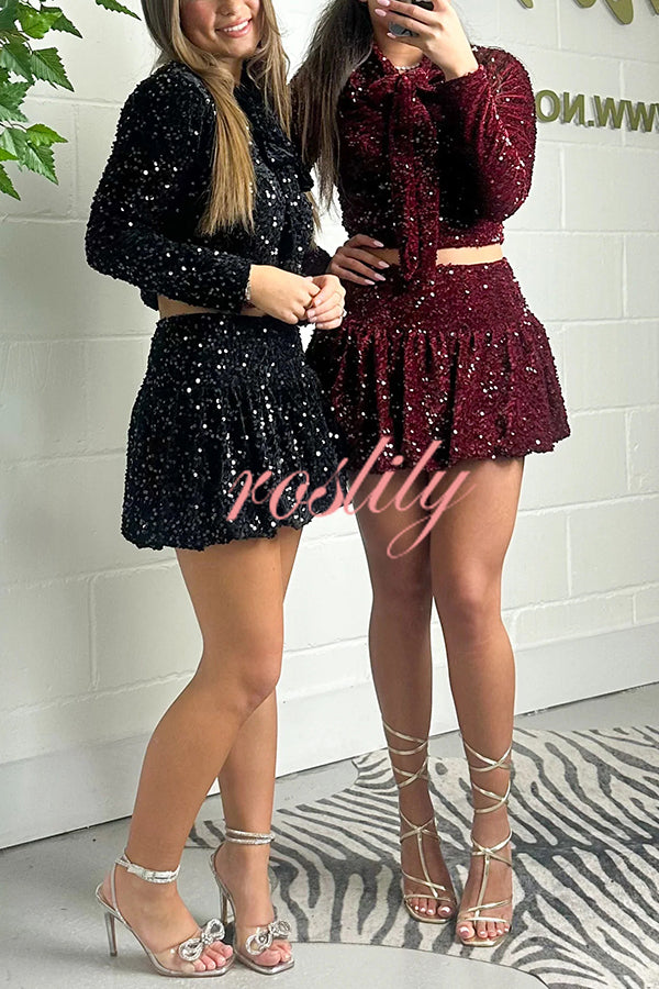 Solid Velvet Sequined Long Sleeve Tie Top and Seersucker Mini Skirt Set