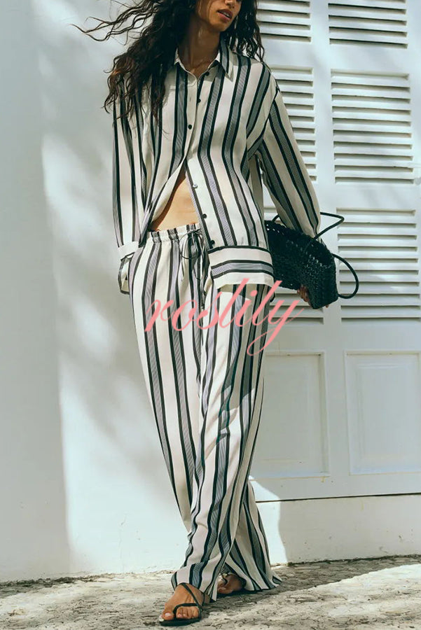 Lifetime of Happiness Striped Long Sleeve Loose Shirt and Elastic Waist Pocket Pants Set