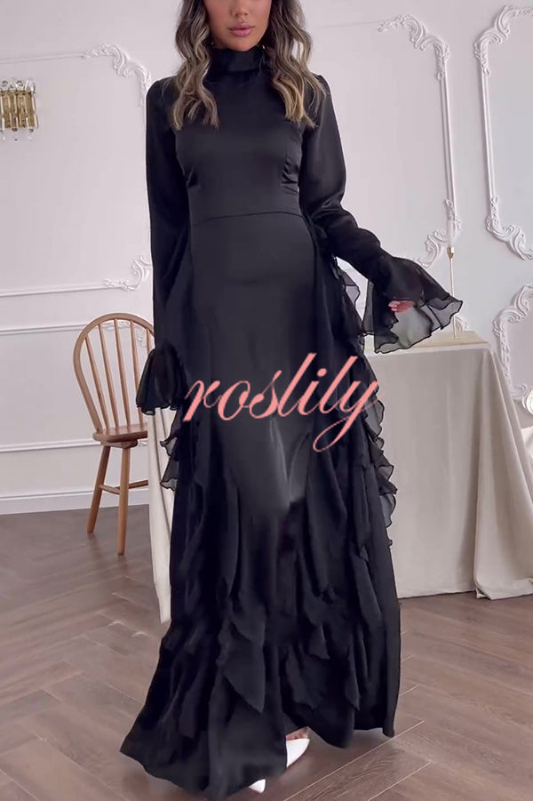 Cline Solid Color High Neck Long Sleeve Elegant Ruffles Maxi Dress