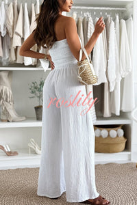 Linen Blend Solid Color Off-the-shoulder Pleated Casual Pocket Wide-leg Jumpsuit