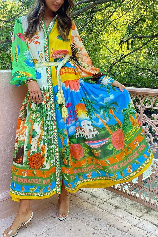 A World of Colour Unique Print Balloon Sleeve Belt Shirt Midi Dress