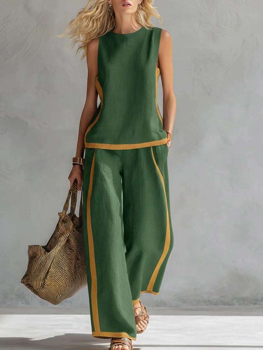 Round Neck Sleeveless Loose Top And High-waisted Wide-leg Pants Cotton And Linen Set