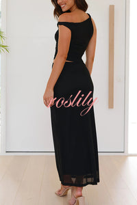 Solid Color Mesh Splicing Waist-baring Slim Maxi Dress