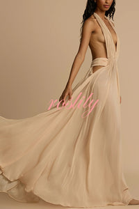 Ethereal Moment Tulle Cutout Ruched Waist Backless Halter Maxi Dress