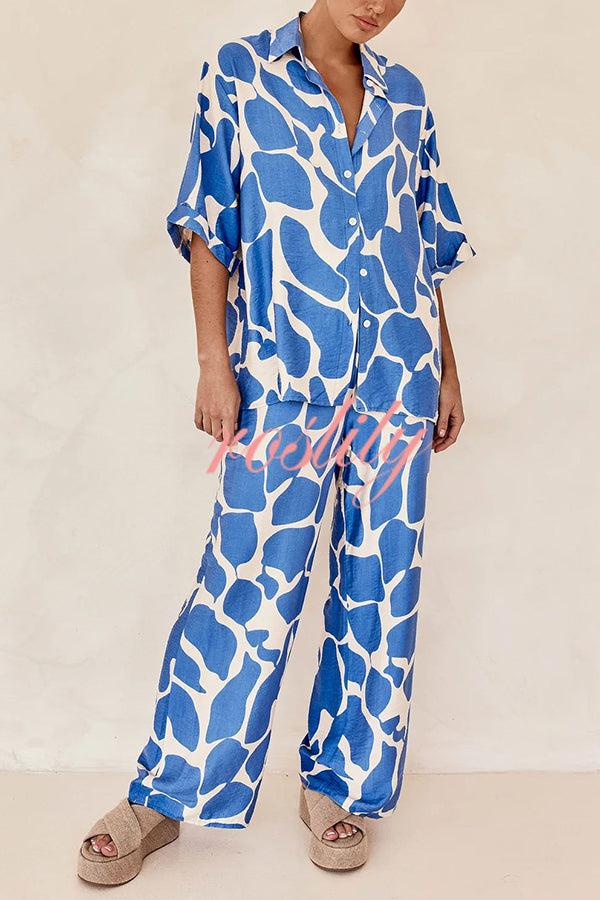 Lazy Beach Days Unique Print Short Sleeve Loose Shirt and Elastic Waist Pants Set