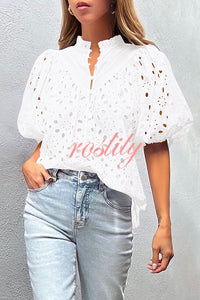 Hollow Embroidered Lace V-neck Buttoned Lantern Sleeve Blouse