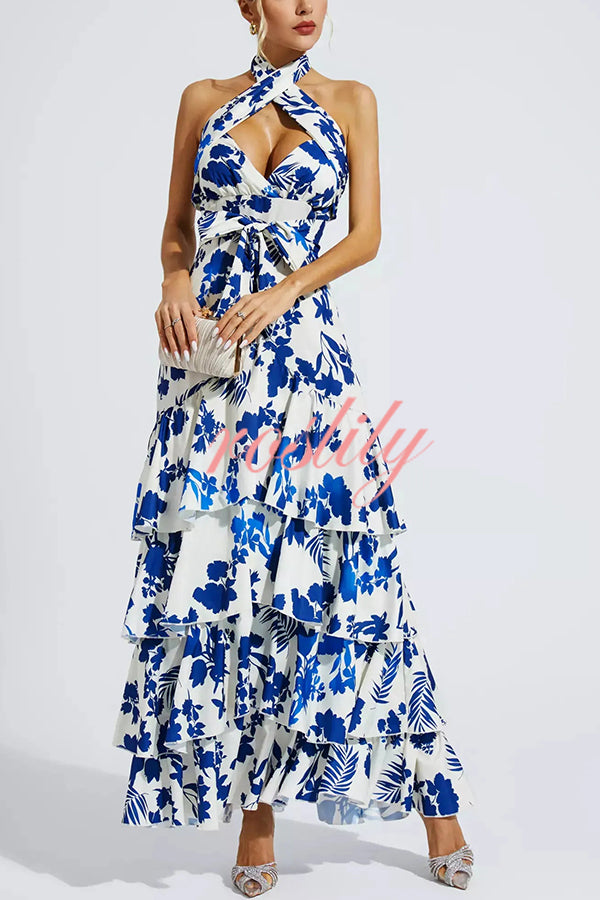 Gorgeous Styling Botanical Print Halter Neck Open Back Tiered Hem Maxi Dress