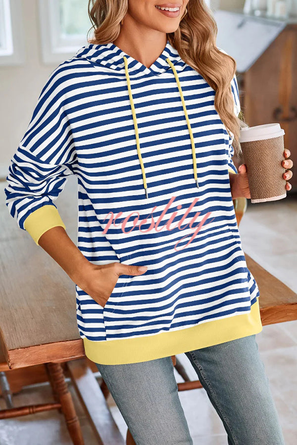 Striped Print Long Sleeve Pocket Loose Hoodie