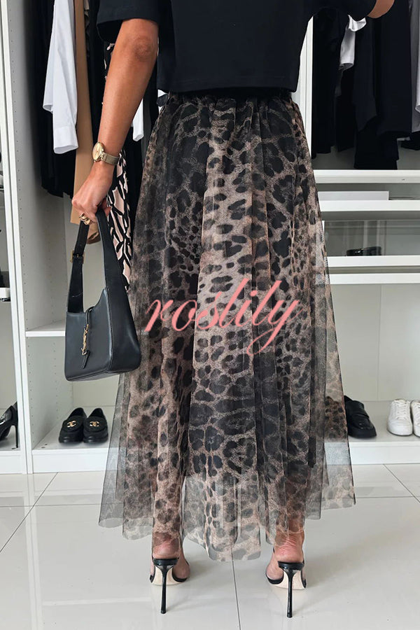 Autumn Jungle Tulle Leopard Print Elastic Waist A-line Maxi Skirt