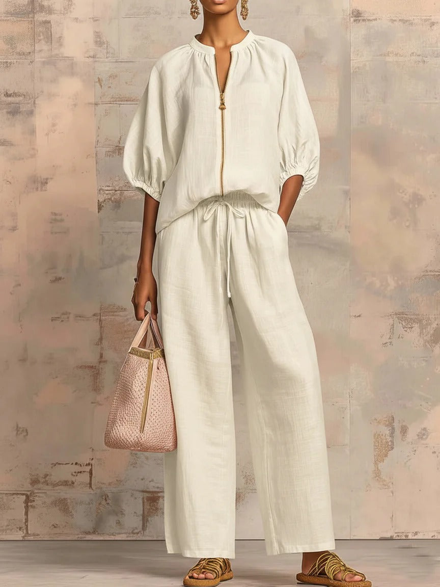 Cotton Linen Effortless Zip-Front Wide Leg Two-Piece Set