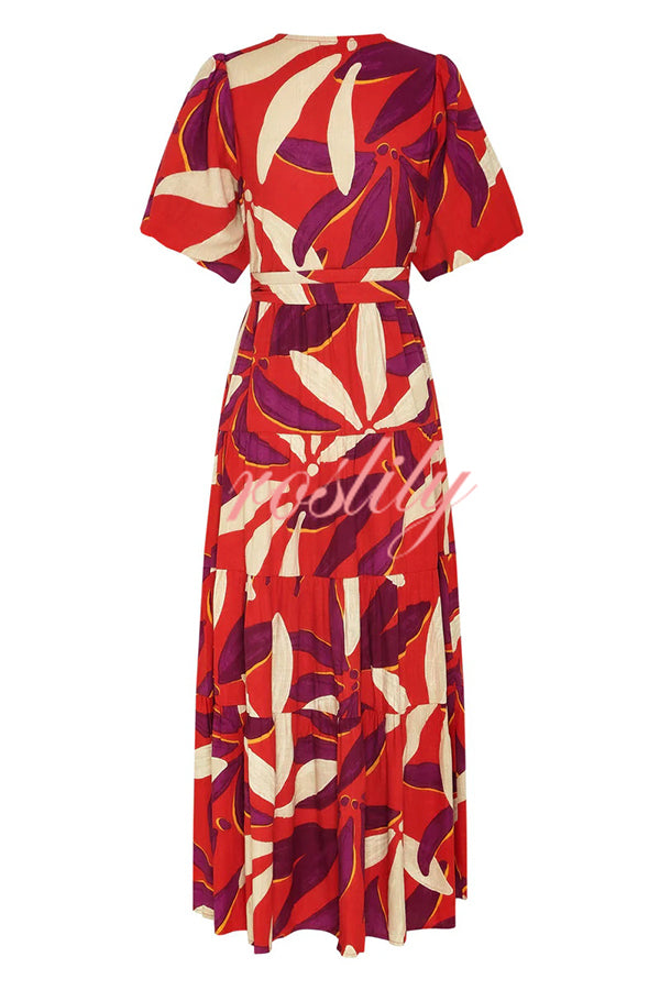 Unique Printed V-neck Puff Sleeves Tie Waist Midi Dress