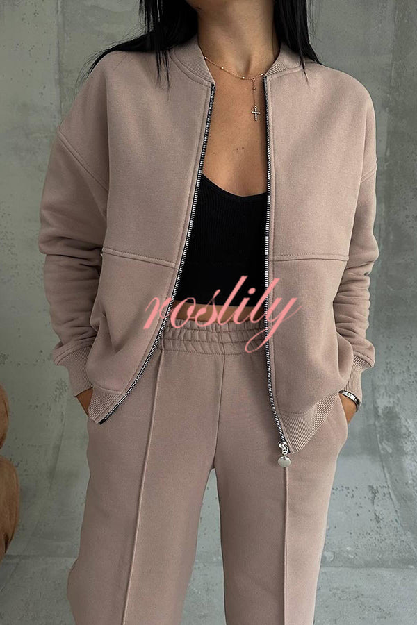 Solid Color Casual Long Sleeve Zipper Jacket and Elastic Waist Pocket Wide Leg Pants Set