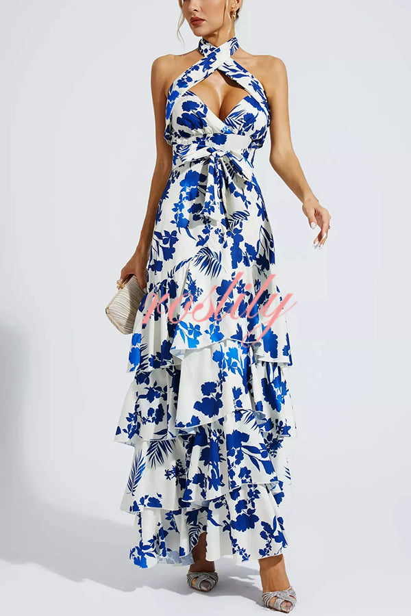 Gorgeous Styling Botanical Print Halter Neck Open Back Tiered Hem Maxi Dress