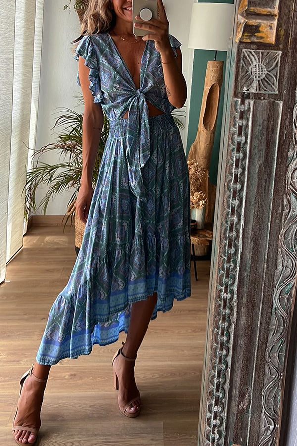 Libby Hippie Boho Printed Tie Front Ruffle Sleeve Smocked Waist Midi Dress