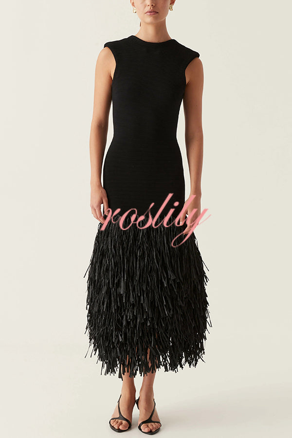 Christie Ribbed Patchwork Tiered Fringed Hem Zipper Backless Maxi Dress