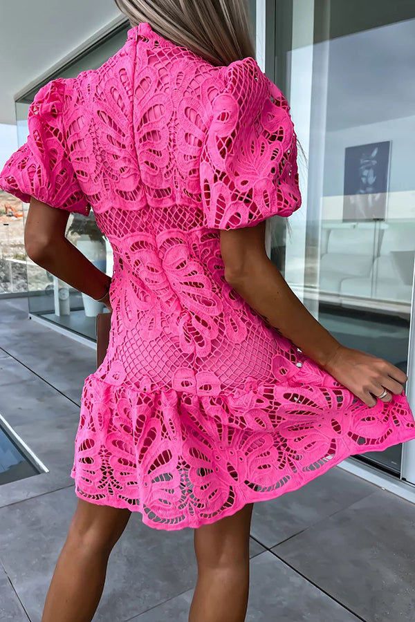 Ever So Sweet Crochet Lace Puff Sleeve Mini Dress