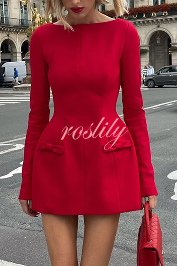 Budding Elegance Bow Detail Boat Neck Long Sleeve Mini Dress