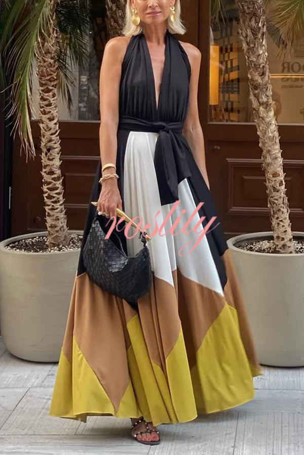 Fashion Colorblock Sexy Backless Tie Waist Full Hem Maxi Dress