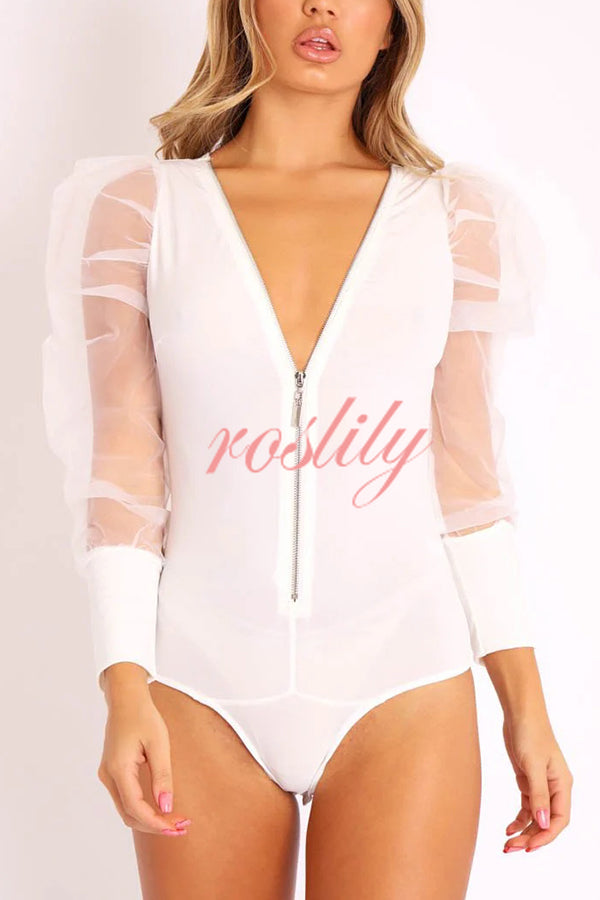 Solid Color Zip Front Sheer Puff Sleeves Bodysuit