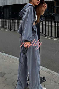 Velvet Casual Zip-up Hooded Top and Elastic Waist Wide Leg Pants Set