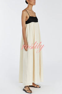 Linen Blend Sexy Sling Backless Contrast Maxi Dress