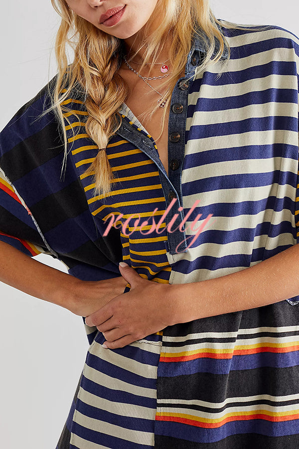 Contrast Striped Patchwork Denim Lapel Loose Casual Mini Dress