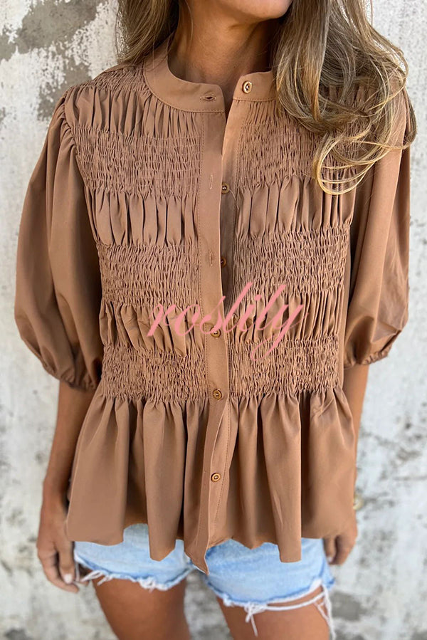 Solid Color Round Neck Button Pleated Short Sleeve Casual Shirt